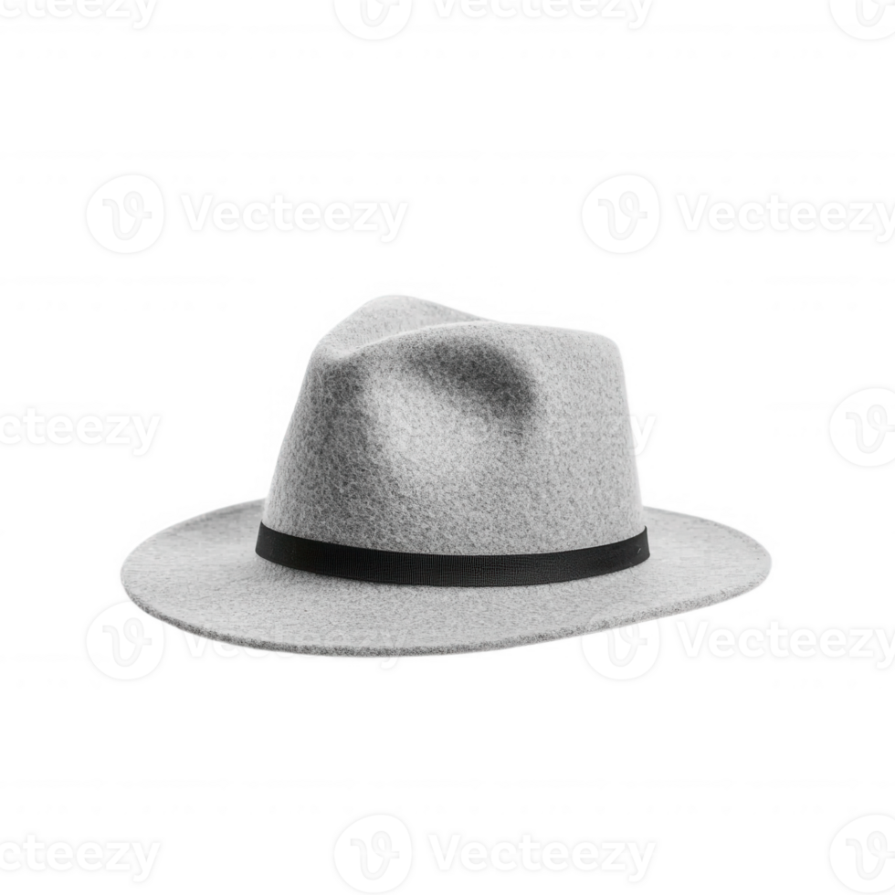 Stylish grey fedora hat with a black band for trendy fashion lovers. png