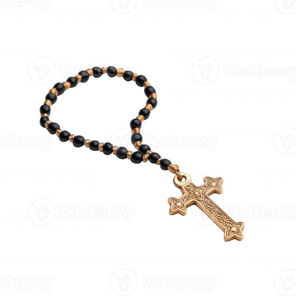 Golden cross necklace with black beads, a symbol of faith and devotion. png