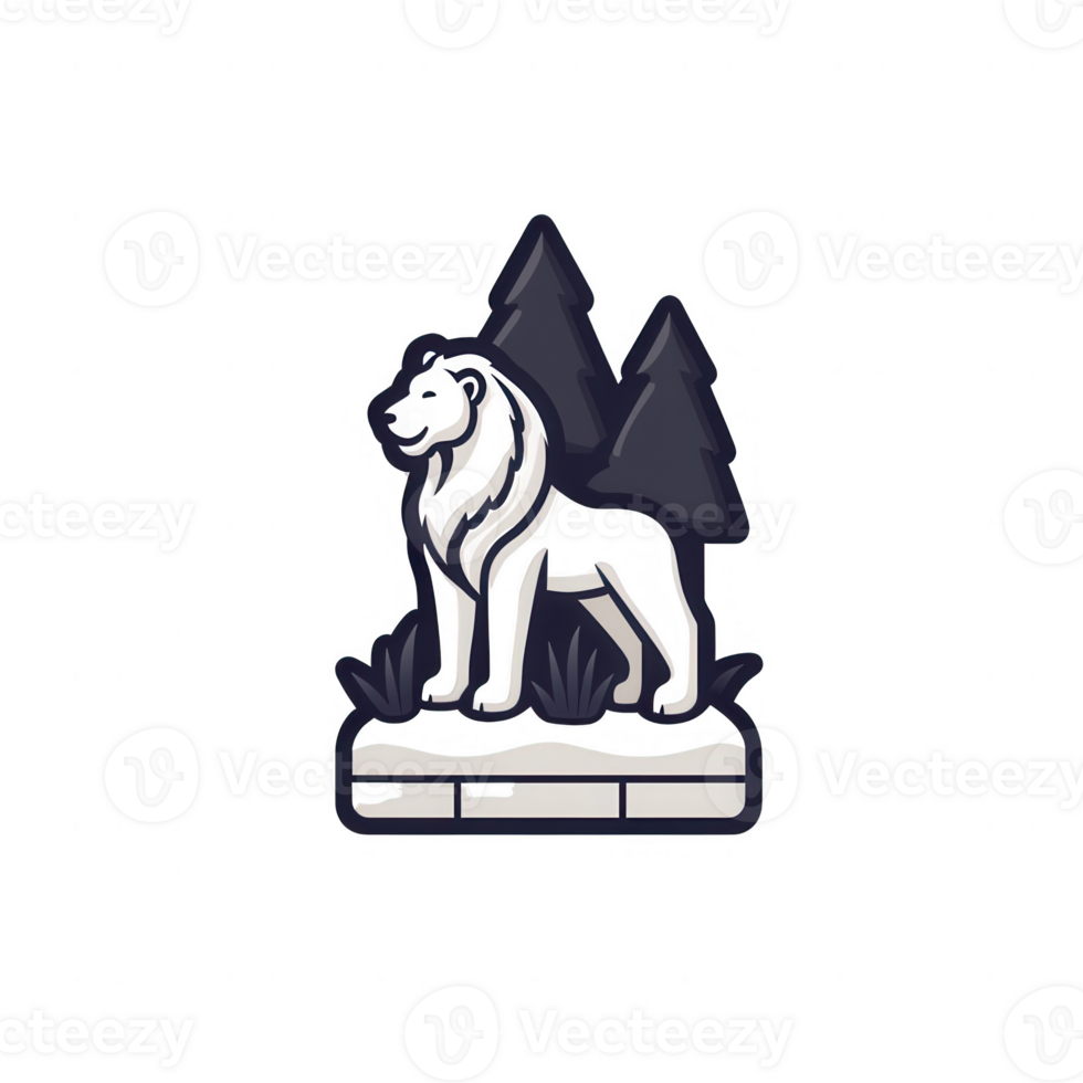 Illustration of a lion standing majestically among stylized trees and grass. png