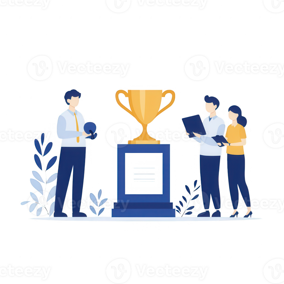 Group celebrating achievement with trophy and documents, representing success and teamwork. png
