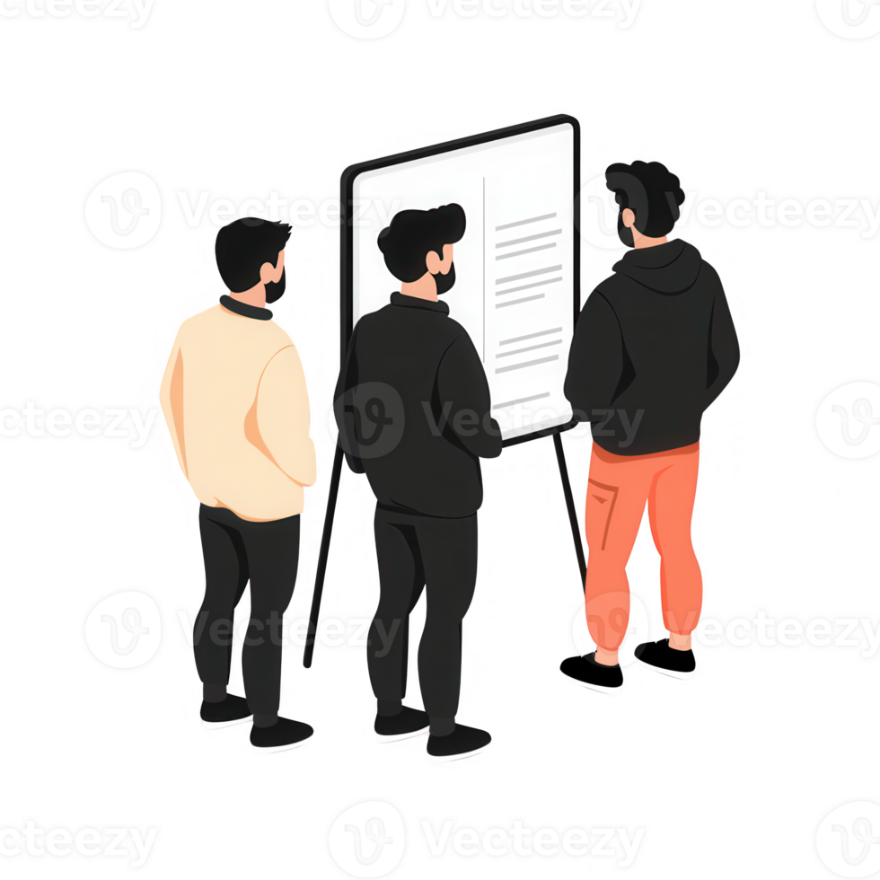 Three people discussing ideas in front of a presentation board. png