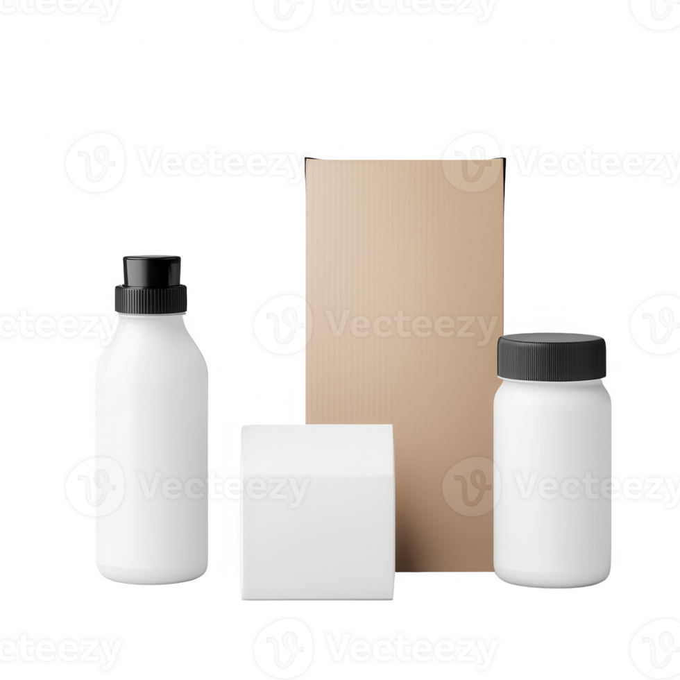 Minimalistic packaging design featuring white bottles and a cube box. png