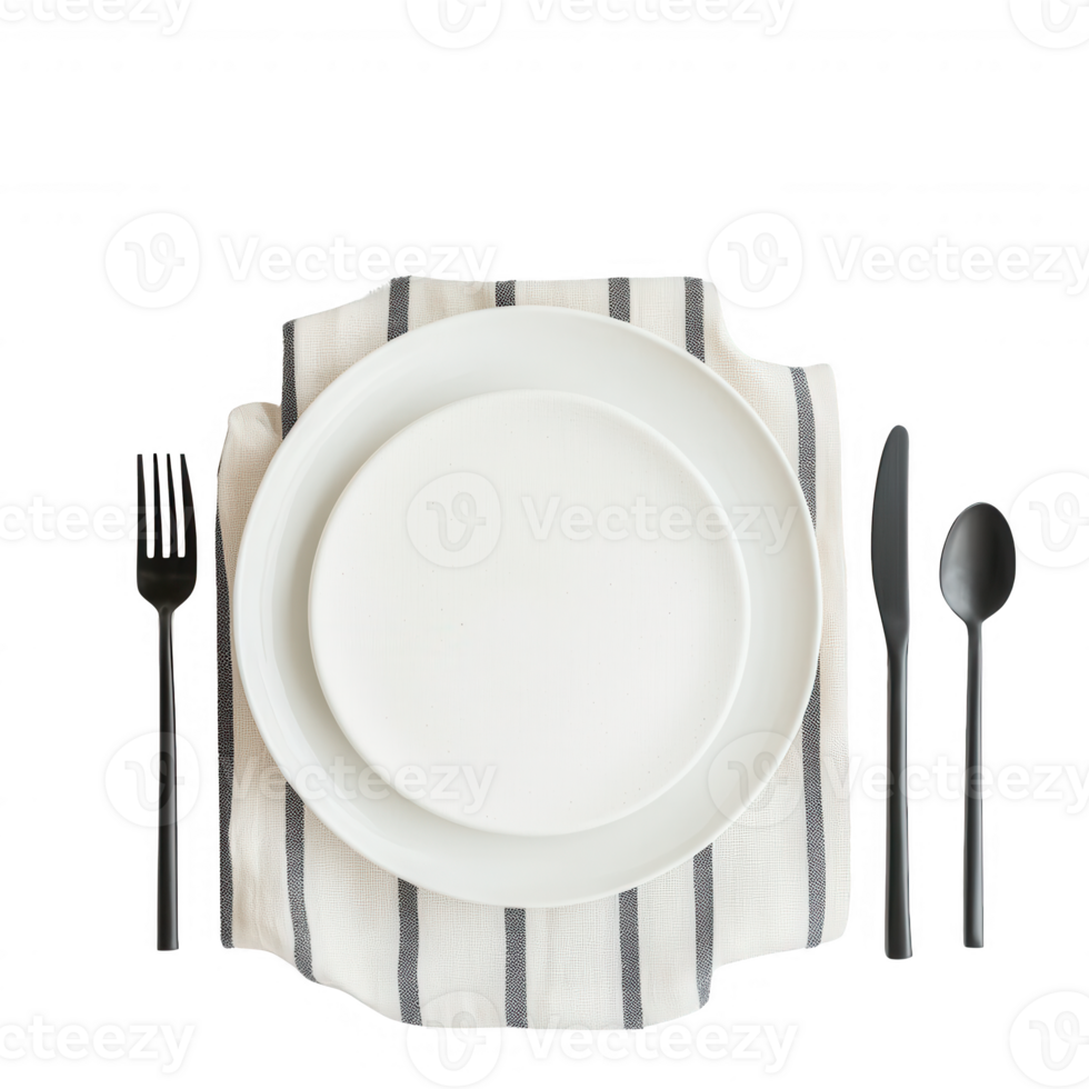 Minimalist table setting with a clean white plate and black cutlery on a striped napkin. png