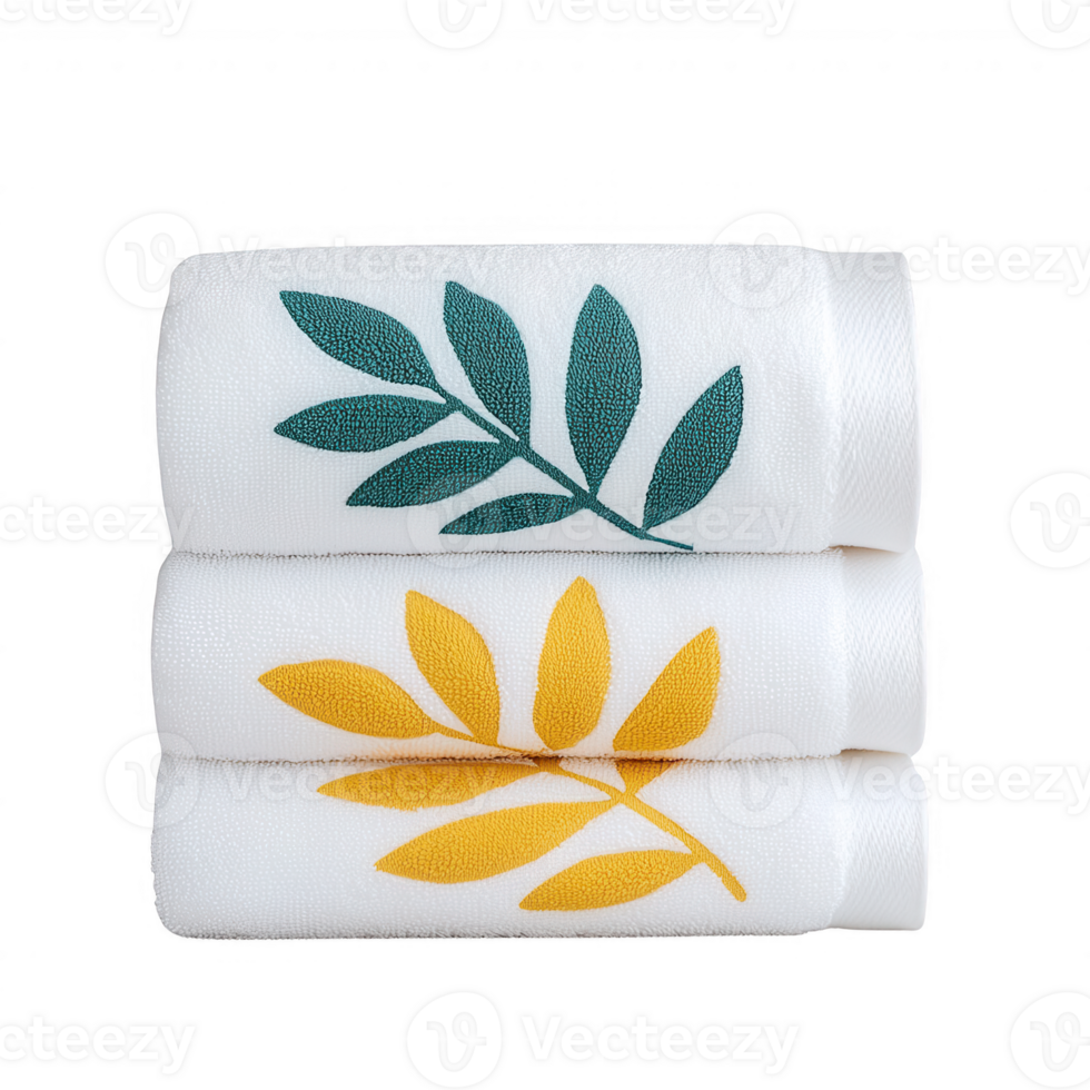 Soft towels stacked neatly with leaf designs, adding a touch of nature to your bathroom. png