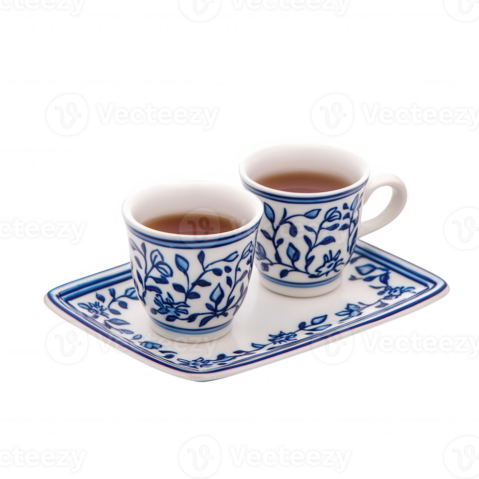 Two elegantly designed cups of tea on a decorative plate. png