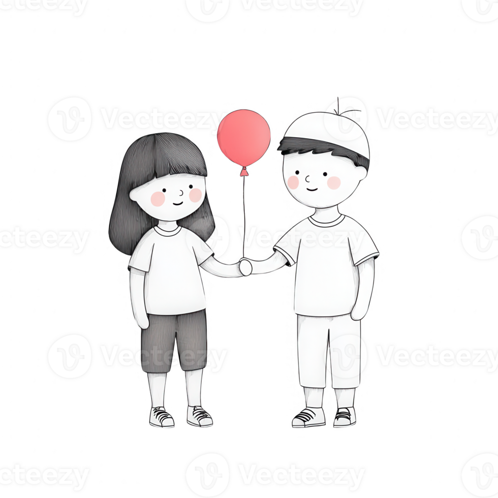Two children holding hands, sharing a balloon, symbolizing friendship and joy. png
