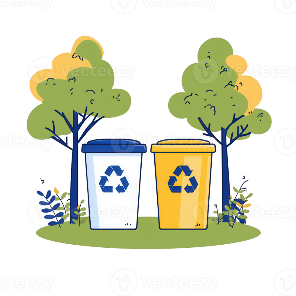 Two recycling bins surrounded by vibrant trees and plants in a clean environment. png