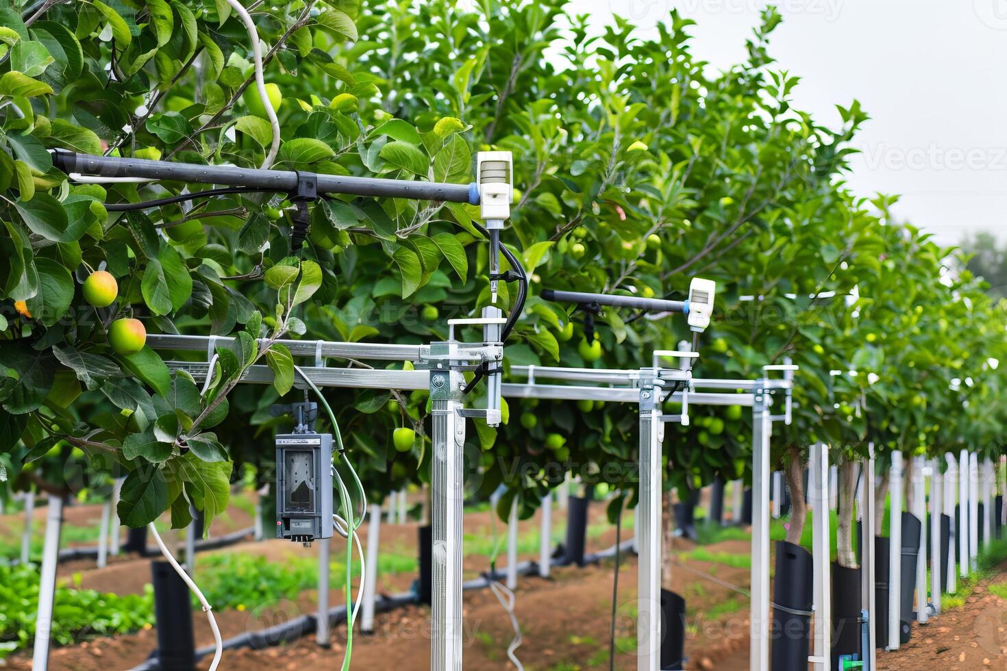 Smart agriculture technology in an orchard with automated irrigation and sensor systems photo