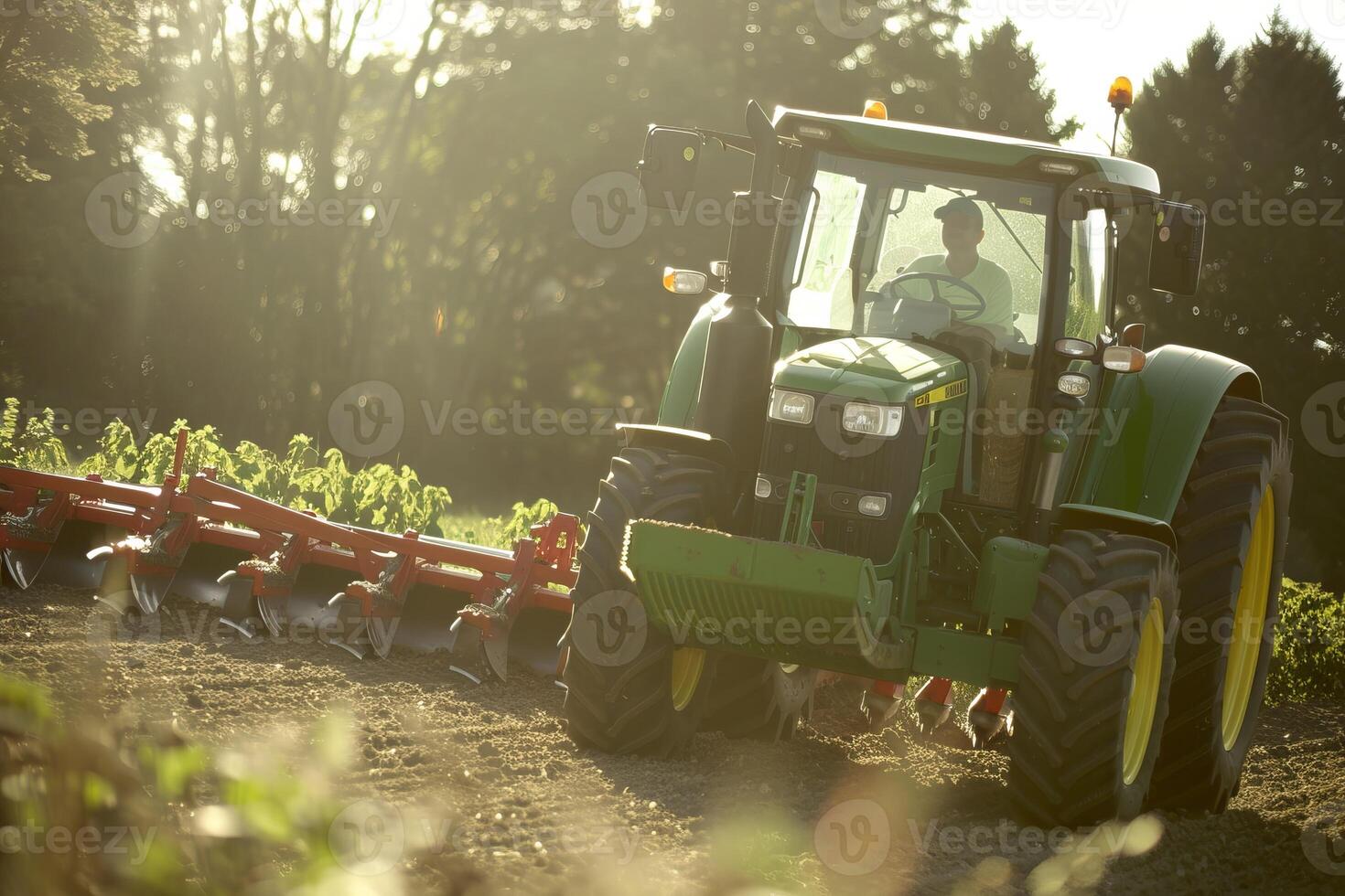 Farmer operating tractor in field at sunset with plow attachment photo