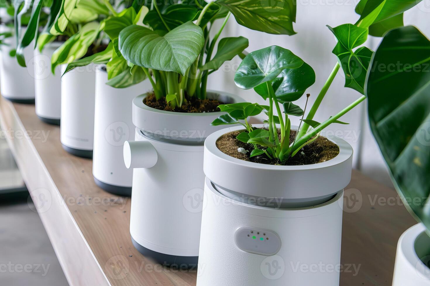 Modern indoor planters with lush greenery for home decoration and sustainable living photo