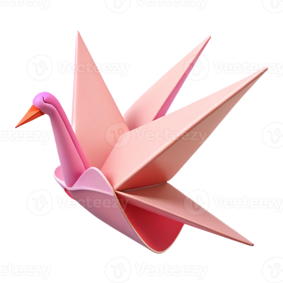 Pink Origami Crane 3D Render of Folded Paper Bird png