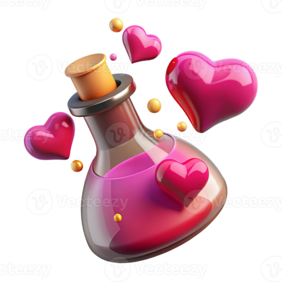 Potion of Love A 3D Render of Hearts and a Magical Flask png