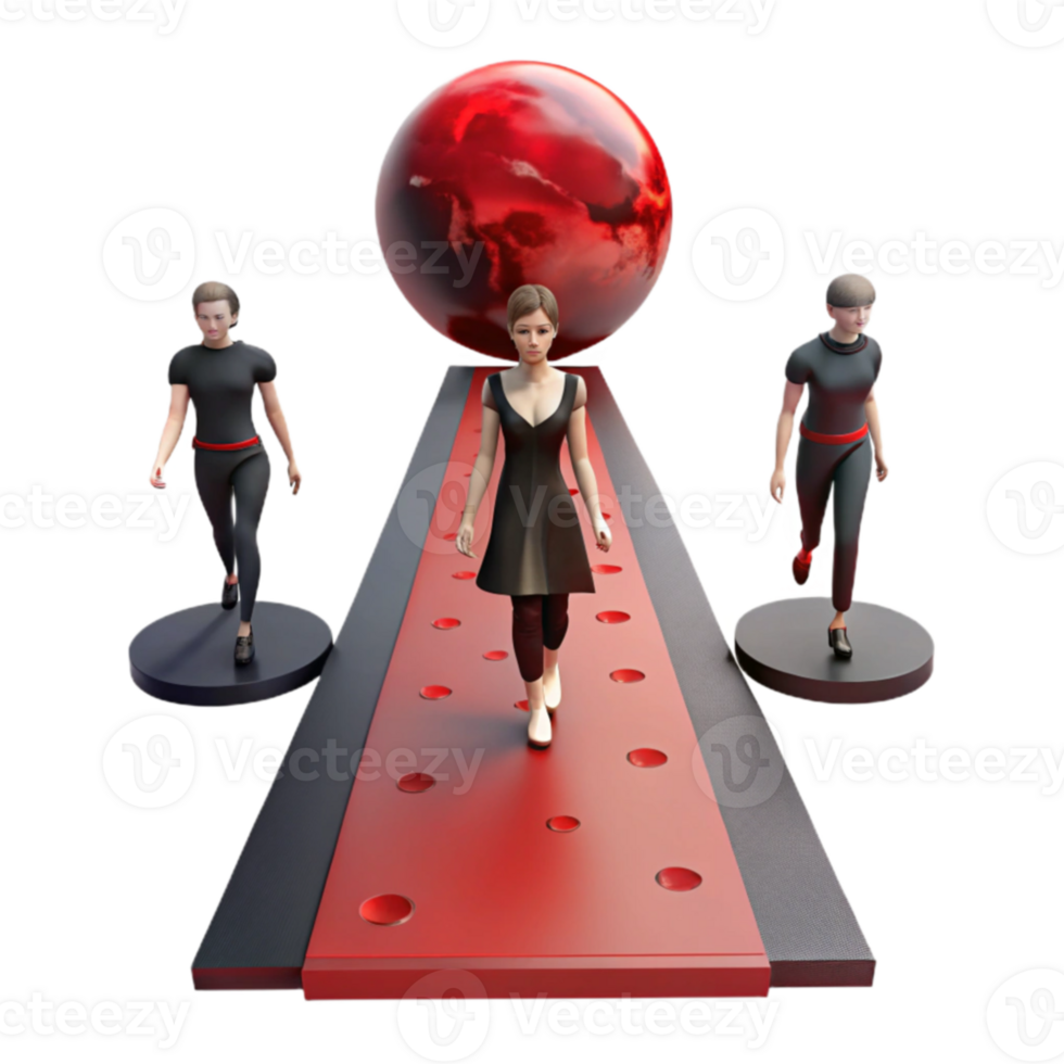 Red Carpet Path, 3D Render, Futuristic Runway, Abstract Art, Circular Holes, Female Figures, Red Sphere, Black and Red, Walkway Design png
