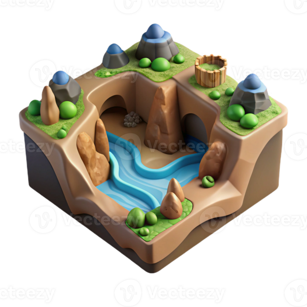 3D Isometric Landscape Caves, River, Mountains, and Hills png