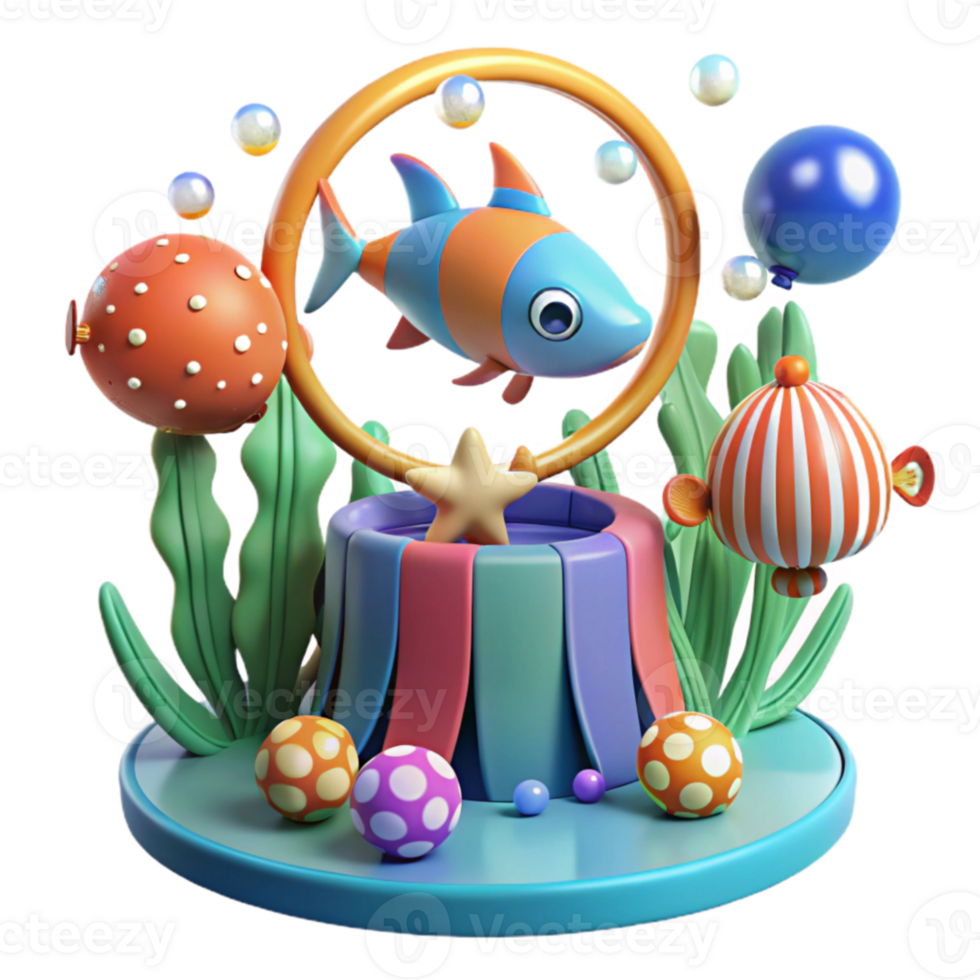 Undersea Circus 3D Render of Fish Jumping Through Hoop png