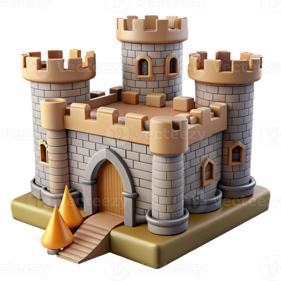 Cartoon Stone Castle 3D Model Towers, Walls, and Gate png