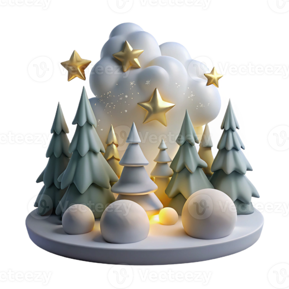 Winter Wonderland Scene 3D Render of Snowy Forest with Stars png