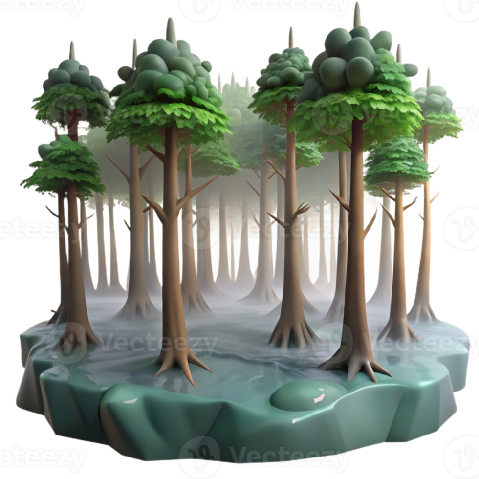 Misty Forest Scene 3D Render of Trees in Fog png