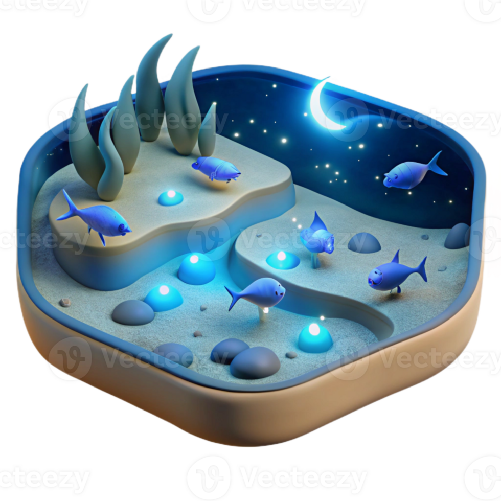 Nighttime Ocean Scene 3D Animated Fish and Glowing Reef png