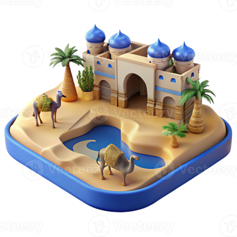 Oasis Desert Scene Camels, Architecture, and Palm Trees png