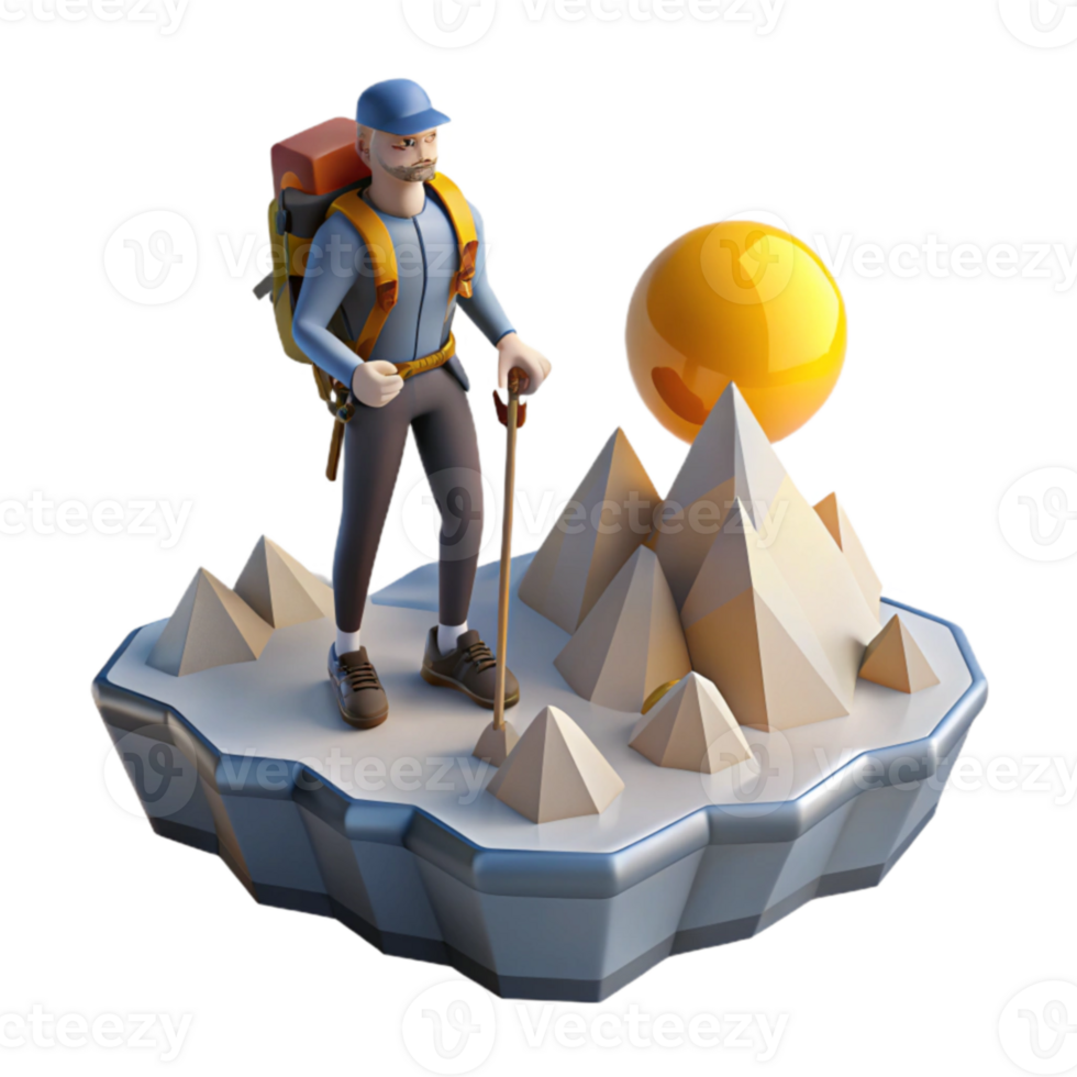 3D Render Hiker Conquering Mountain Peaks at Sunset png