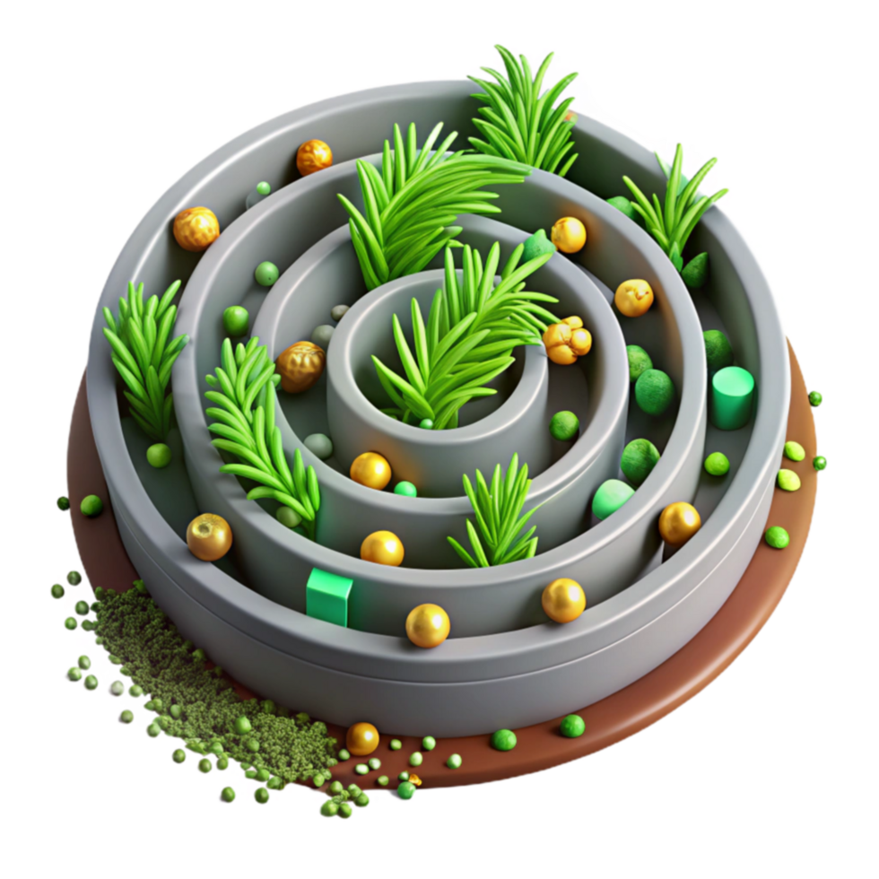 Circular Maze Puzzle 3D Design with Plants and Spheres png