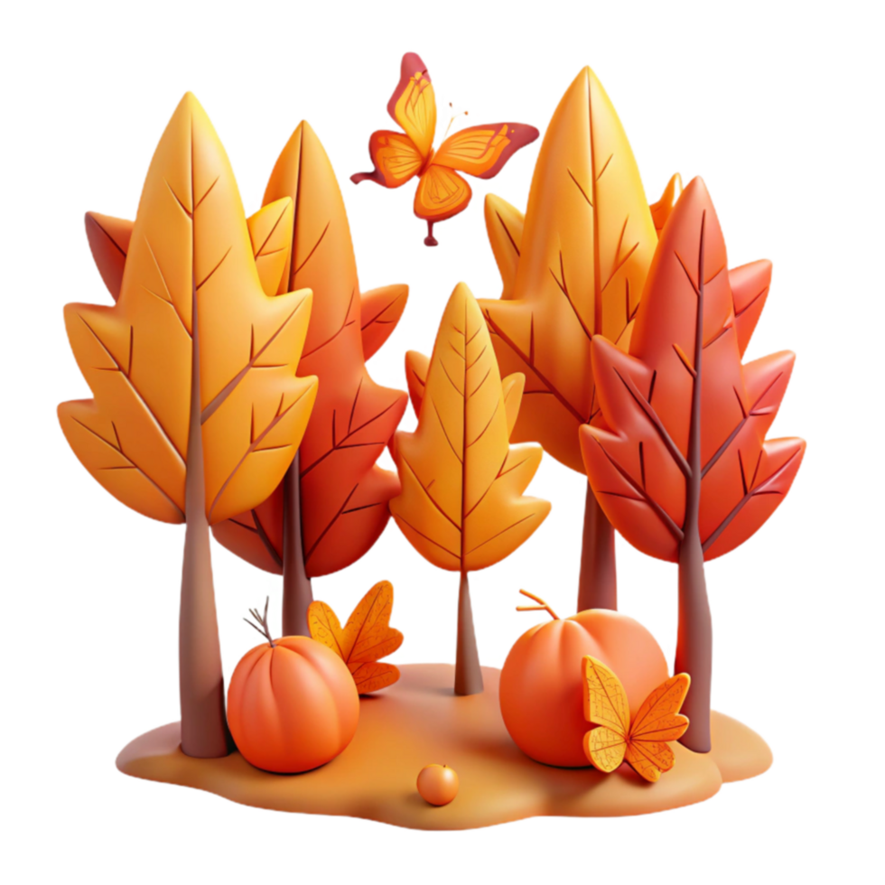 Autumn Scene 3D Cartoon Trees, Pumpkins, and Butterflies png