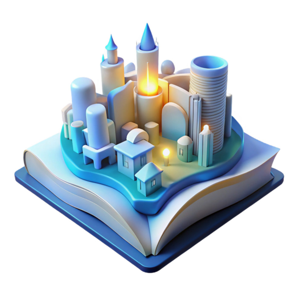 Imaginary Cityscape on Open Book 3D Render png