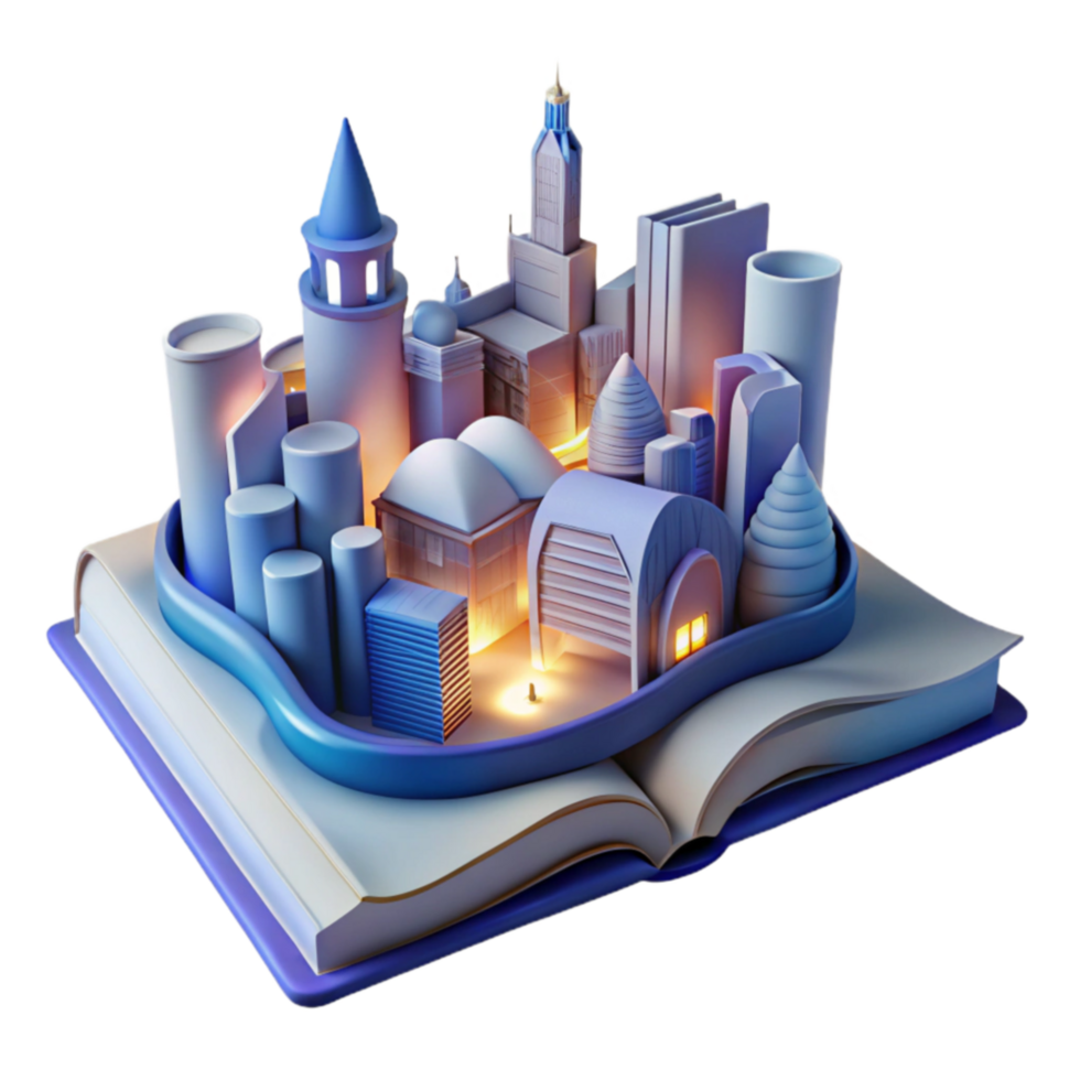 Cityscape Emerging from Book Pages An Architectural 3D Model png