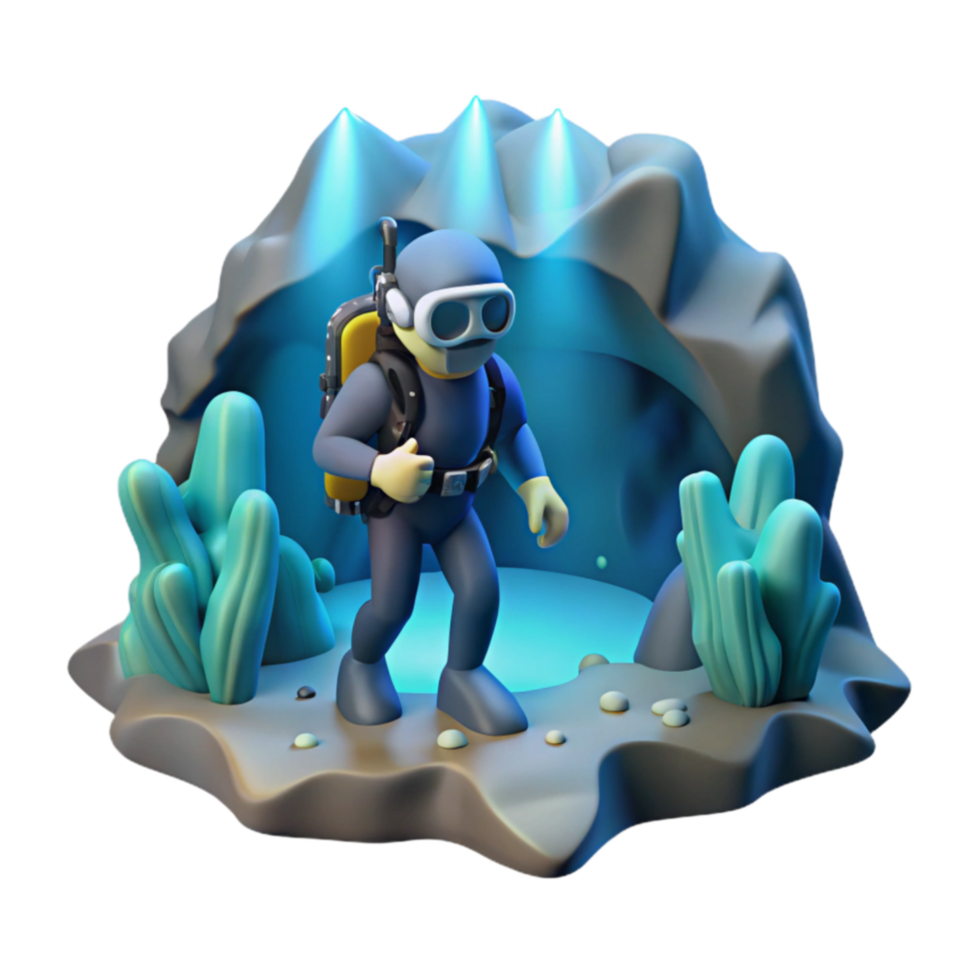 Undersea Cave Diver 3D Render of Scuba Exploration png