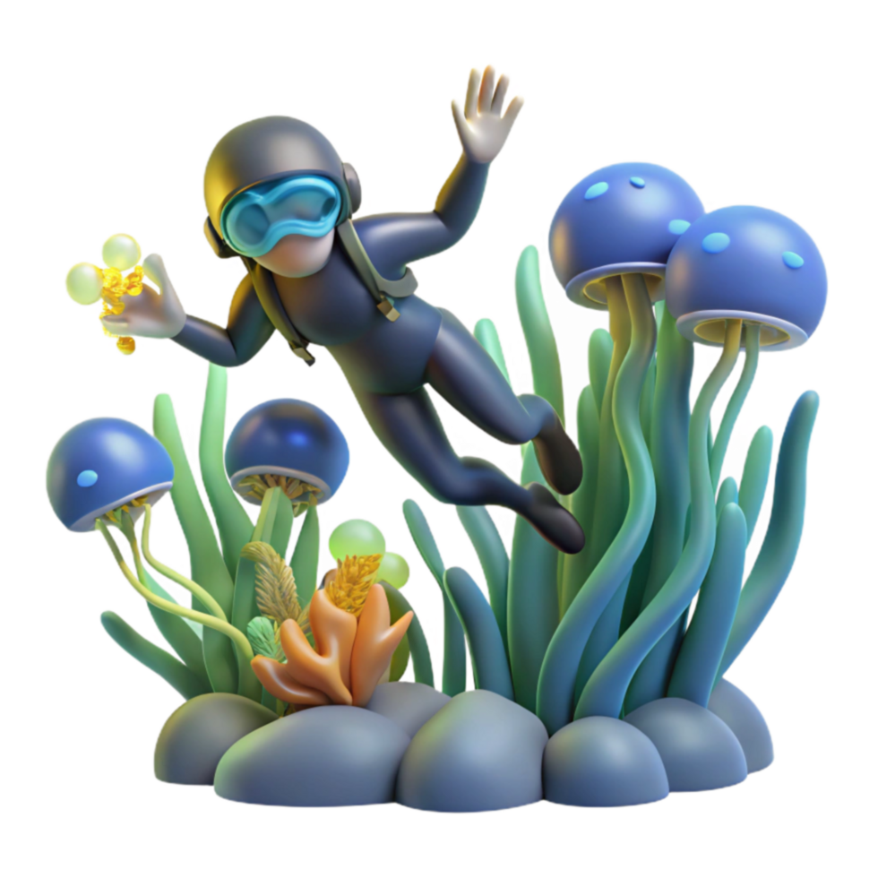 3D Render Underwater Diver Exploring Bioluminescent Flora png
