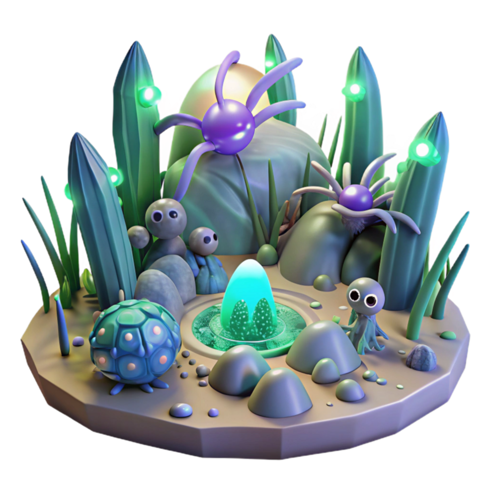 Enchanted Alien Landscape 3D Render of Fantasy Creatures and Flora png