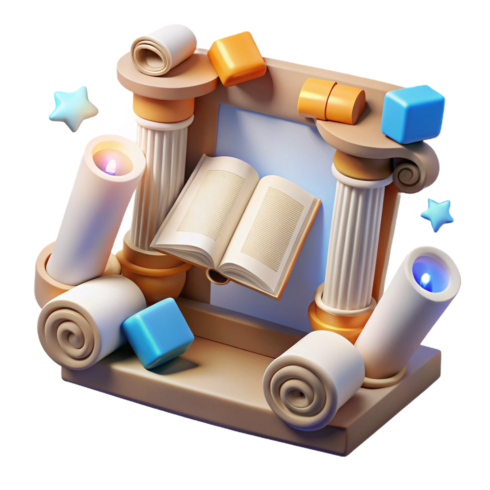 Classical Pillars, Open Book, Scrolls A 3D Render png