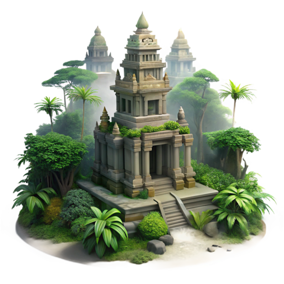 Ancient Temple in Lush Jungle 3D Render of Asian Architecture png