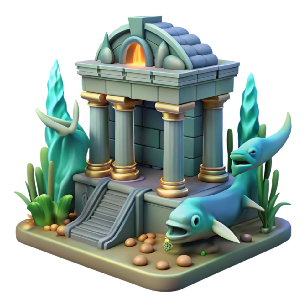 Undersea Temple 3D Render of Ancient Ruins with Fish png