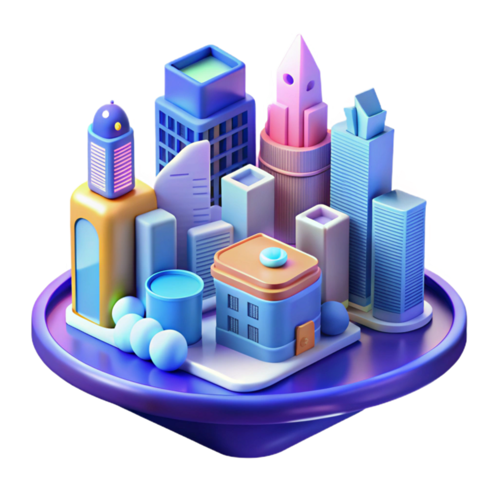 Vibrant 3D Cityscape Isometric Architecture, Urban Development, Building Blocks, Modern Design, Colorful City, Futuristic Cityscape, Digital Illustration, 3D Render, Abstract City, Architectural Model png