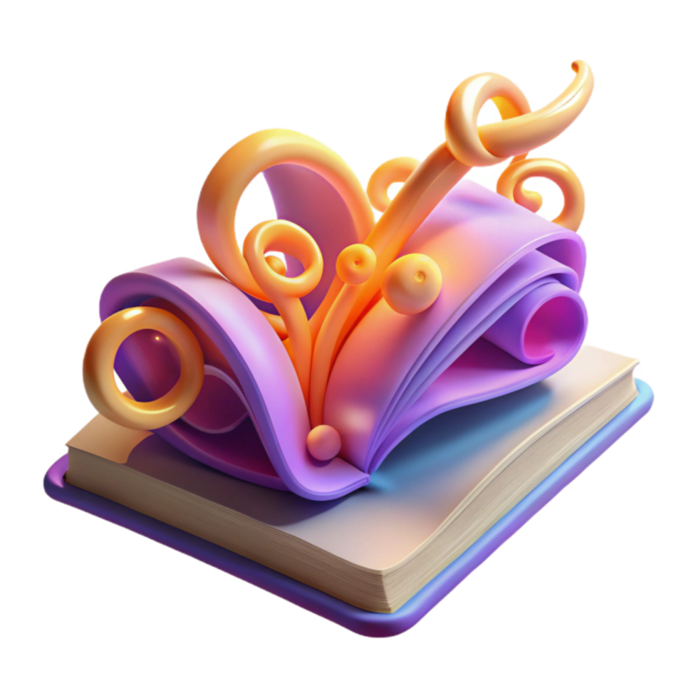 Whimsical Book Abstract 3D Render of Open Book with Colorful, Organic Shapes png