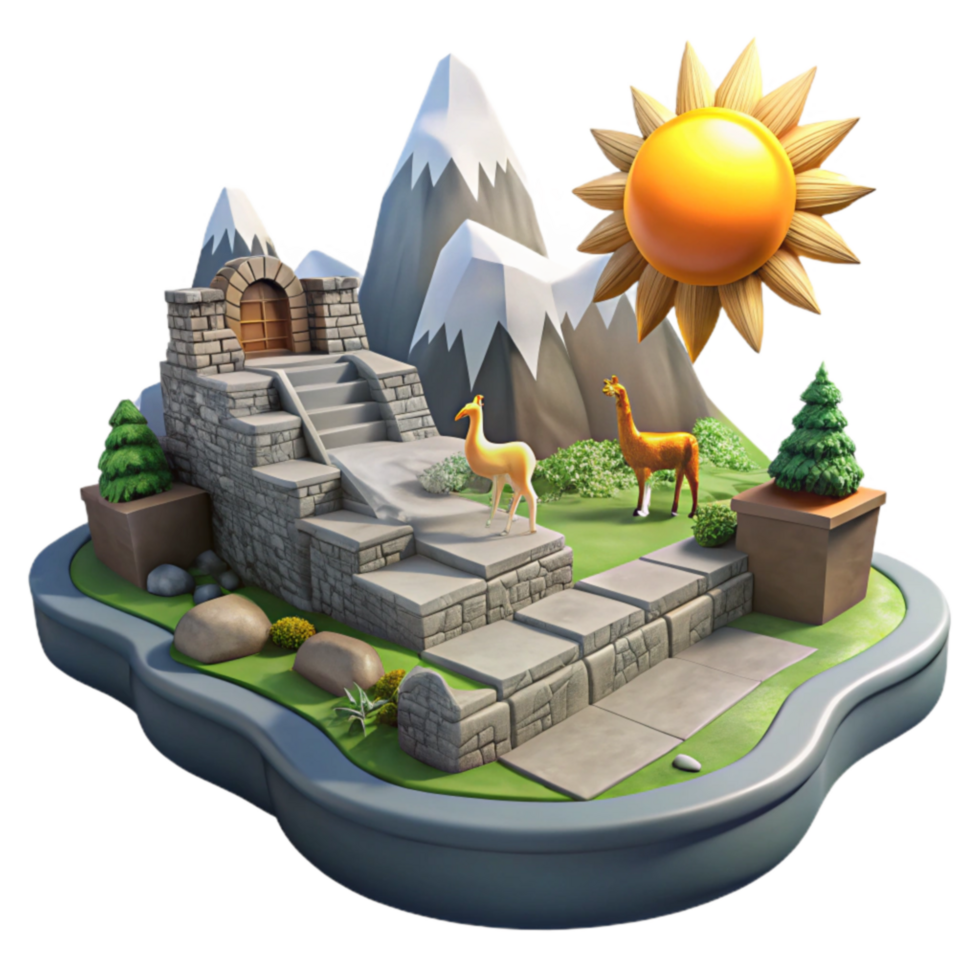 Sunny Mountain Llama Landscape 3D Stone Steps, Plants, and Animals png
