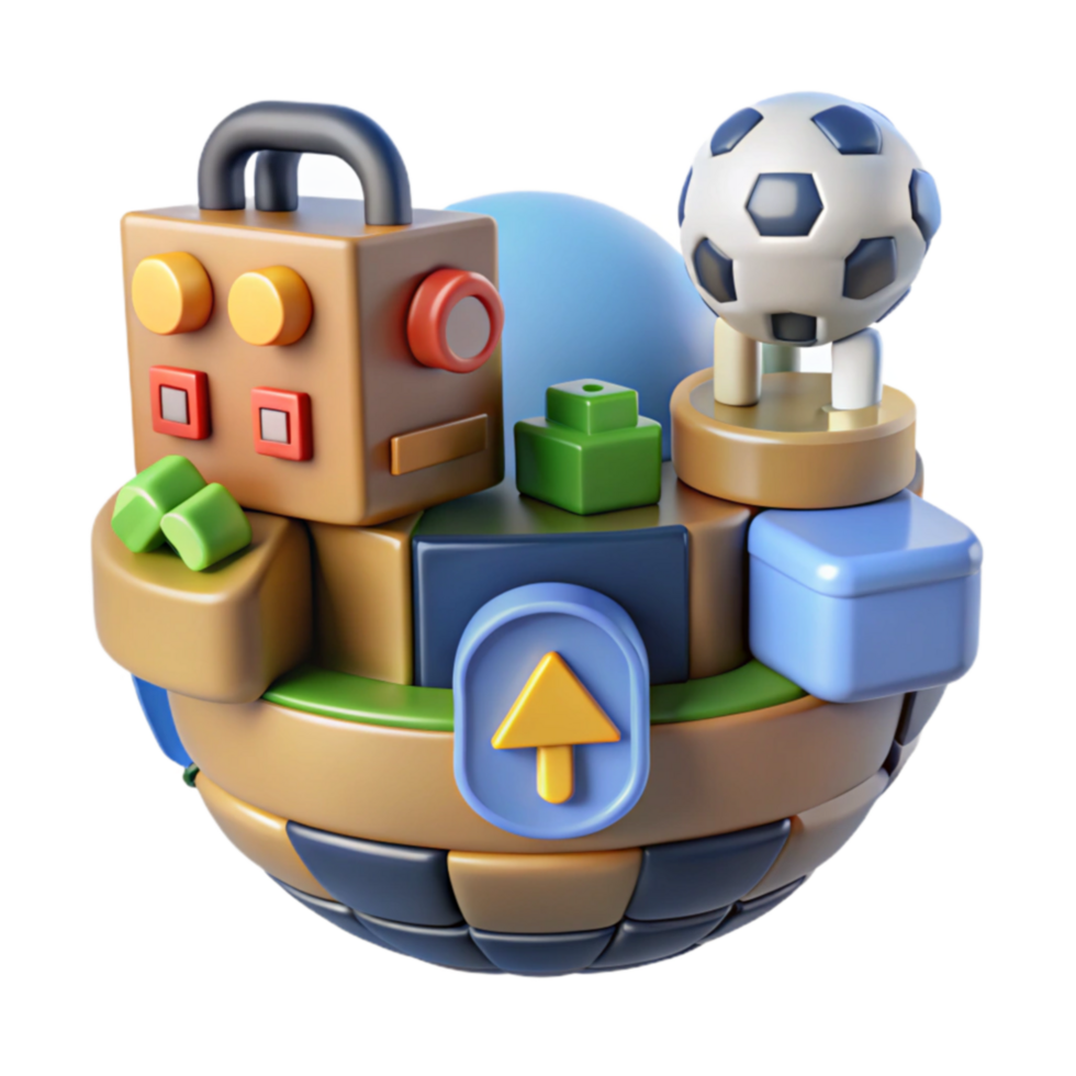 3D Render Playful World of Blocks, Soccer, and Upward Arrow png