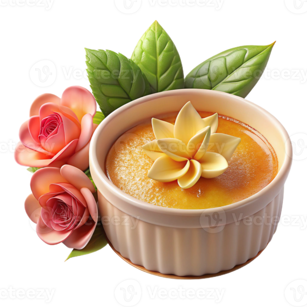 Creamy Caramel Custard Dessert with Flower Garnish png