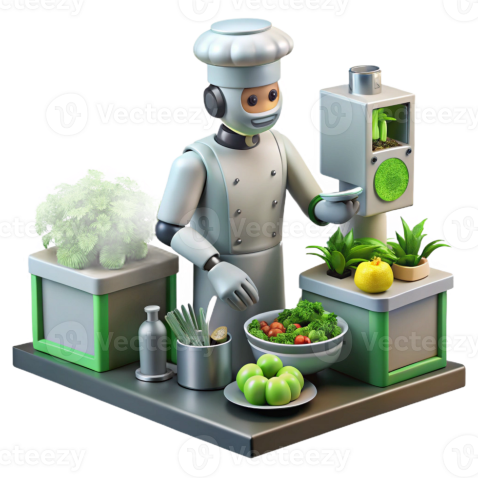Robot Chef Preparing a Fresh Salad Using Vertical Farming png