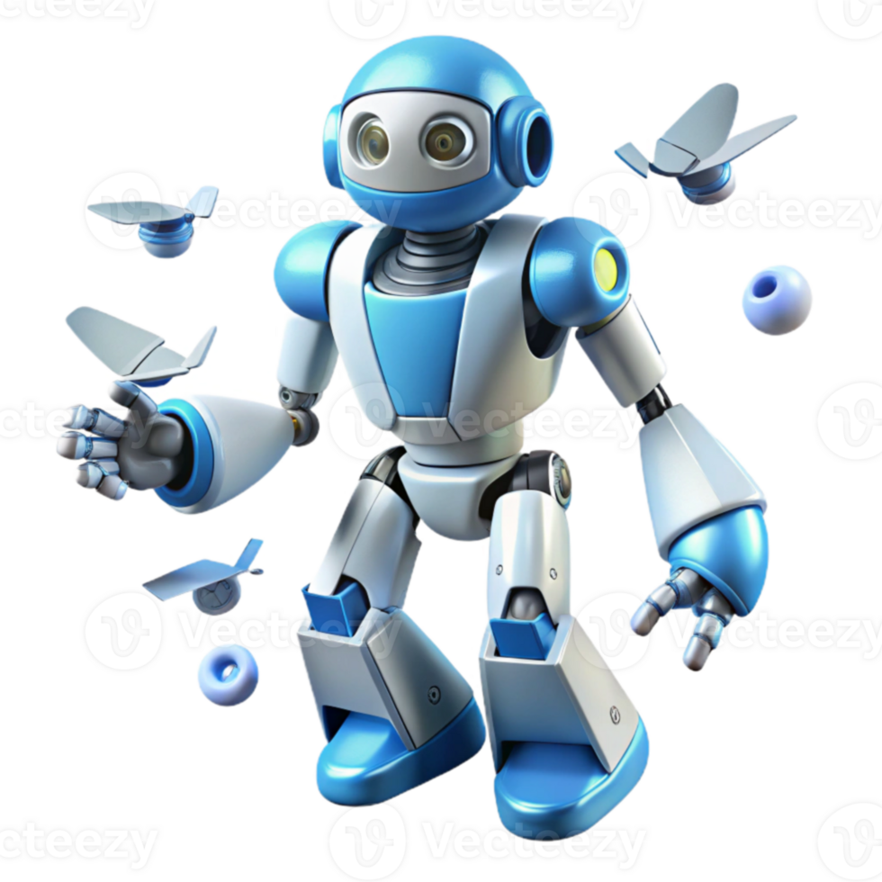 Friendly Robot with Flying Objects png