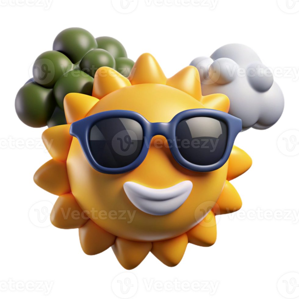 Smiling Sun with Sunglasses, Clouds, and Trees Summer Fun 3D Render png