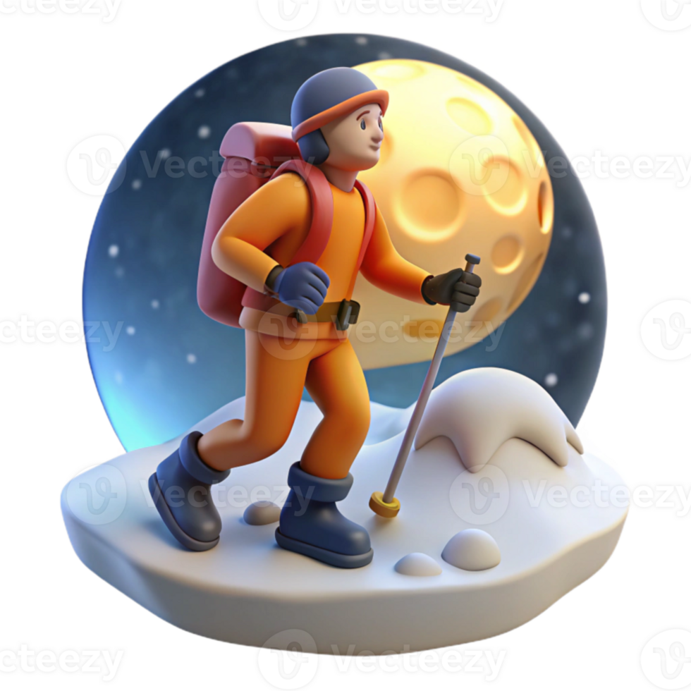 Night Hike 3D Render of Climber Ascending Snowy Mountain under Moonlit Sky png