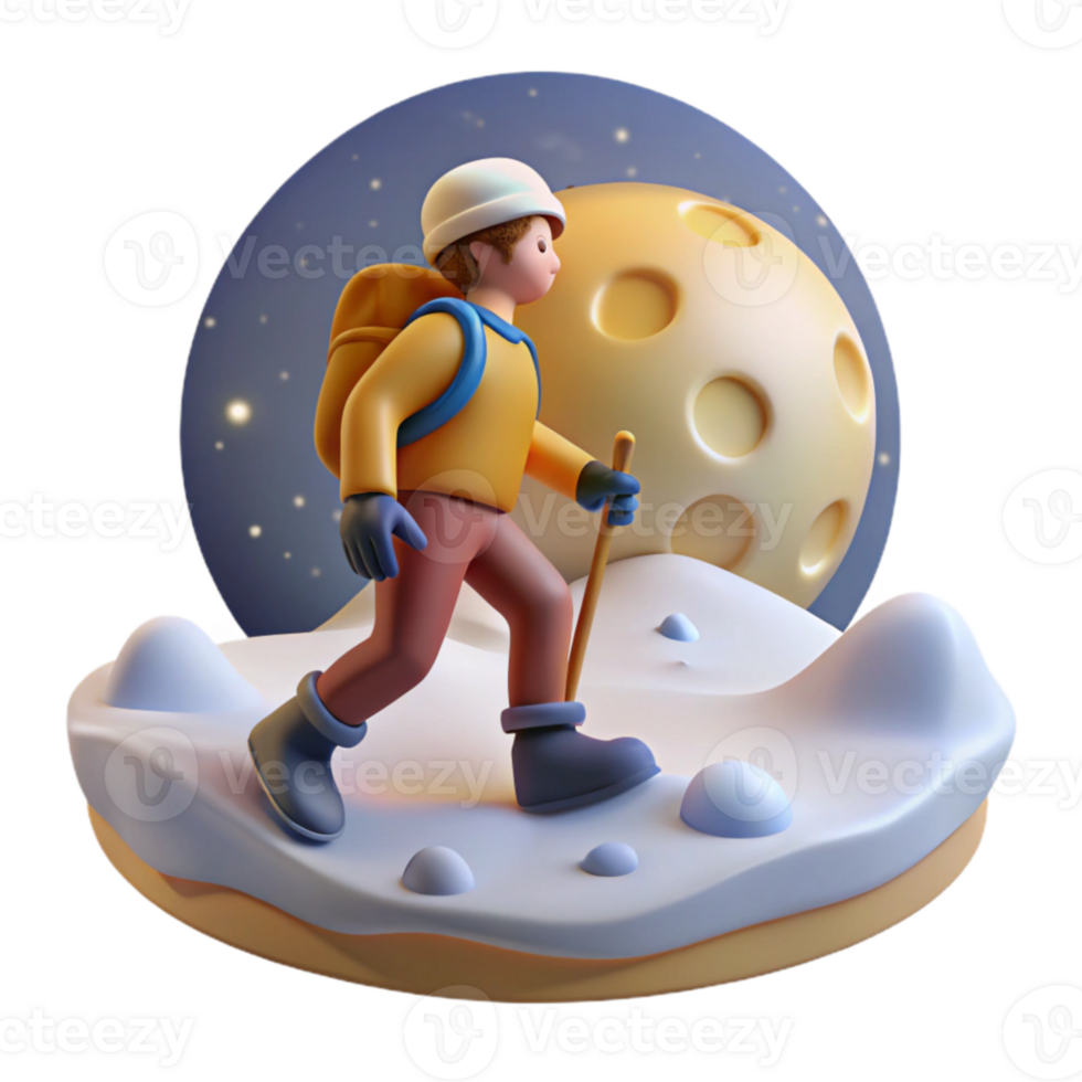Night Hike 3D Render of a Hiker on Snowy Terrain under a Giant Moon png