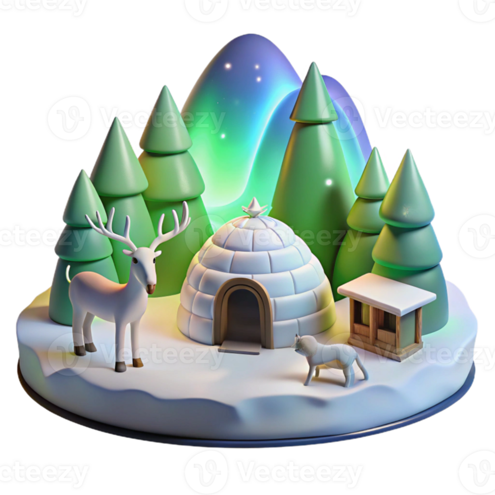 Arctic Igloo Winter Scene with Reindeer and Aurora png