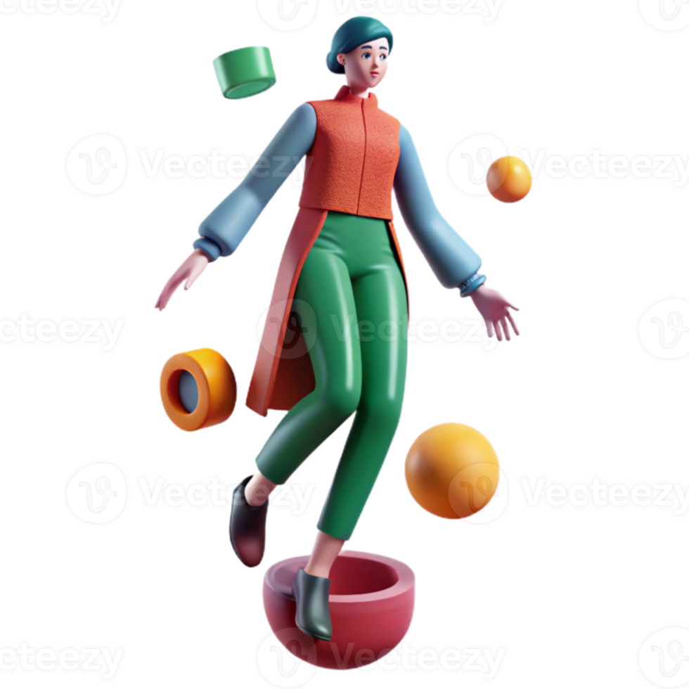 3D Render of Woman in Mid-Air with Colorful Shapes png