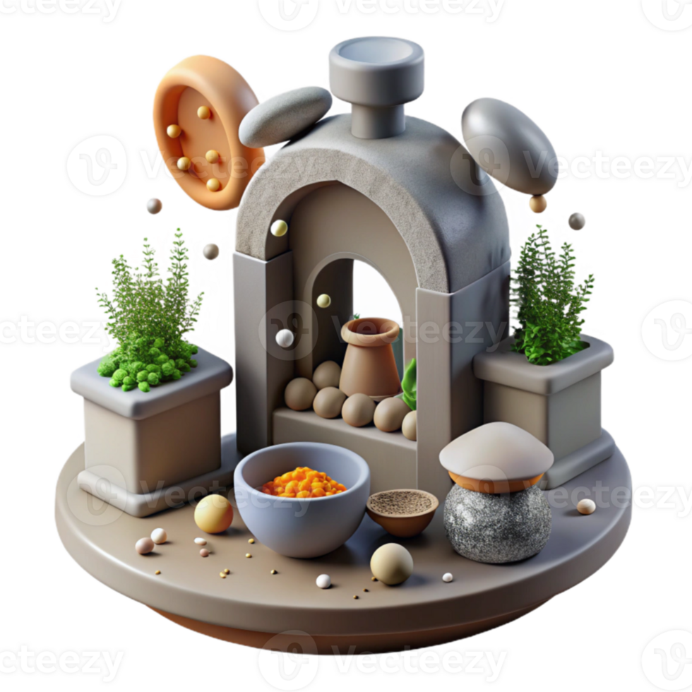 3D Render of Serene Stone Arch with Plants and Spices png