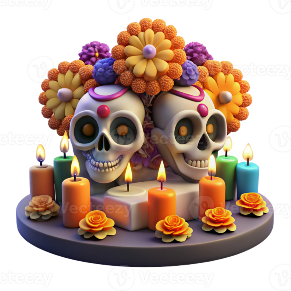 Day of the Dead Sugar Skulls with Candles and Flowers png