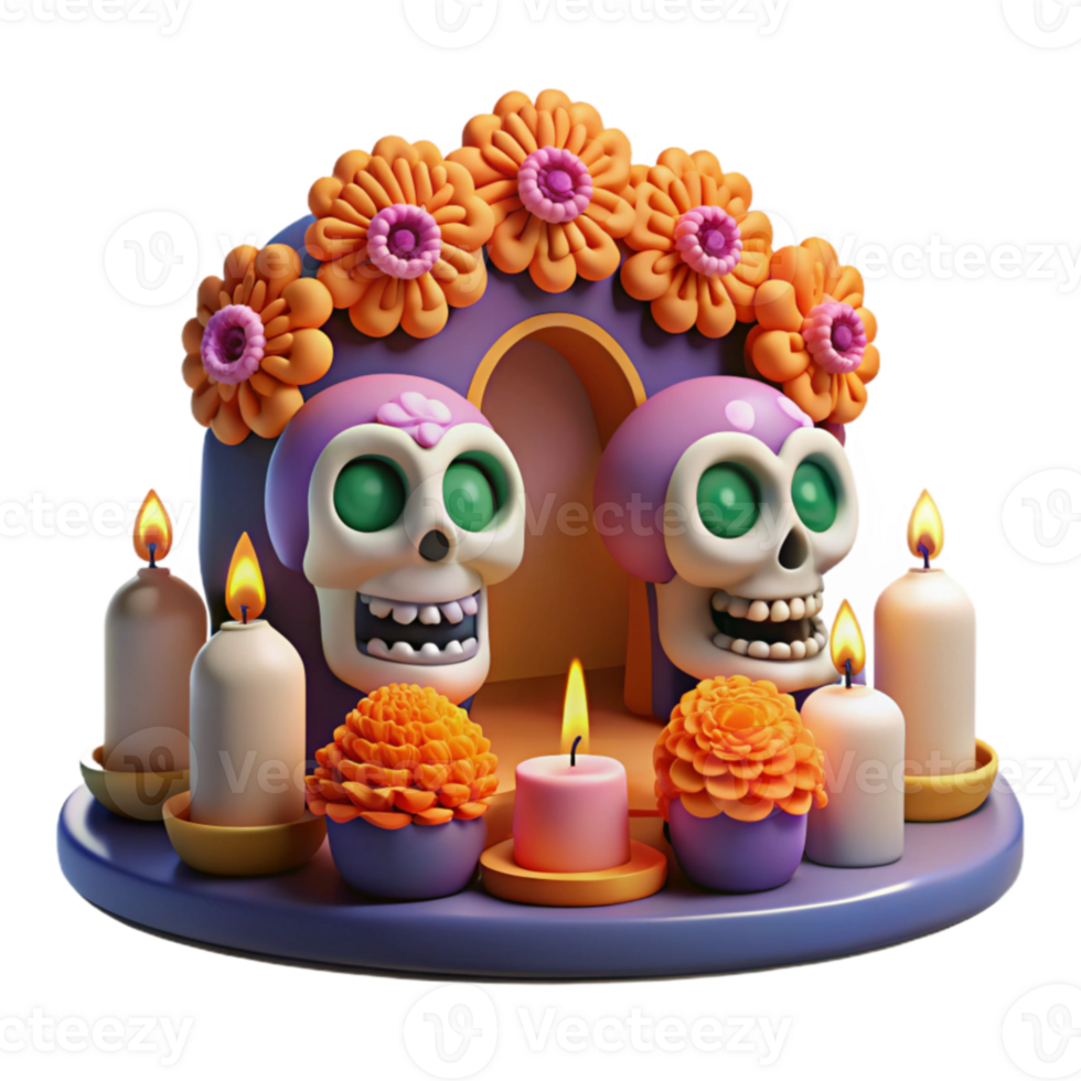 Day of the Dead Altar 3D Render of Calaveras, Flowers, and Candles png